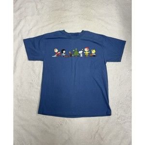 Vintage Y2K Peanuts Charlie Brown Christmas Snoopy Blue T-Shirt Men's Size Large